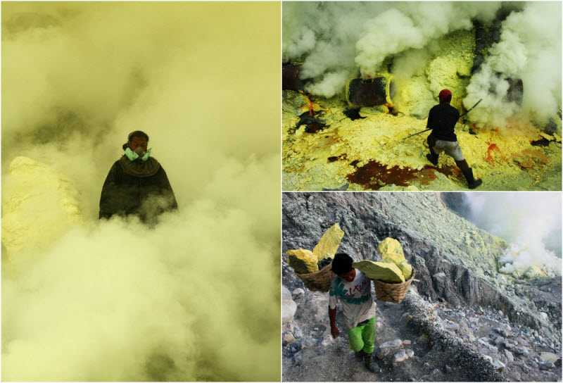 Шахтеры в адских условиях добывают серу в кратере вулкана (7 фото)