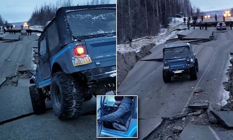 Землетрясение на Аляске: джип пытается проехать по разрушенной дороге (10 фото + 1 видео)